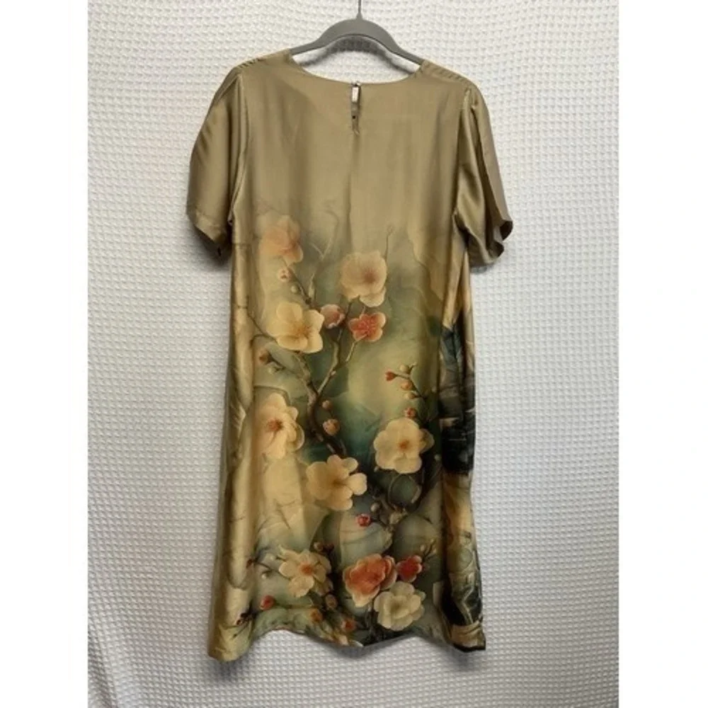 Metalicus Beige Asian Inspired Sateen Art Floral Midi‎ Shift Dress Women L China